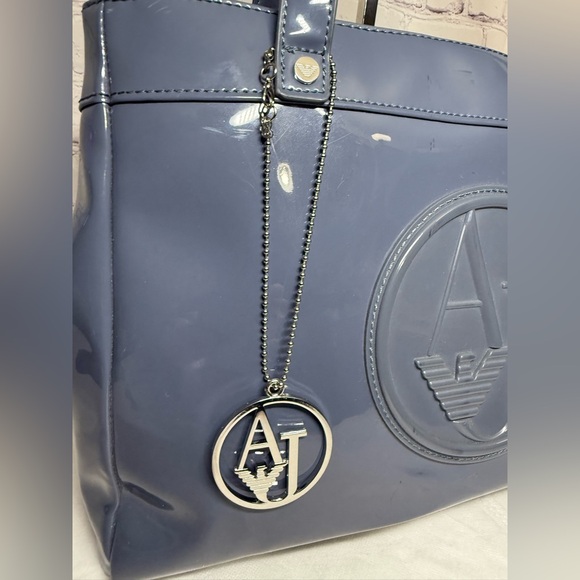 Armani Jeans Tote Blue Gray Patent Leather Large Shoulder Bag w/Bag Charm Silver - Picture 3 of 13